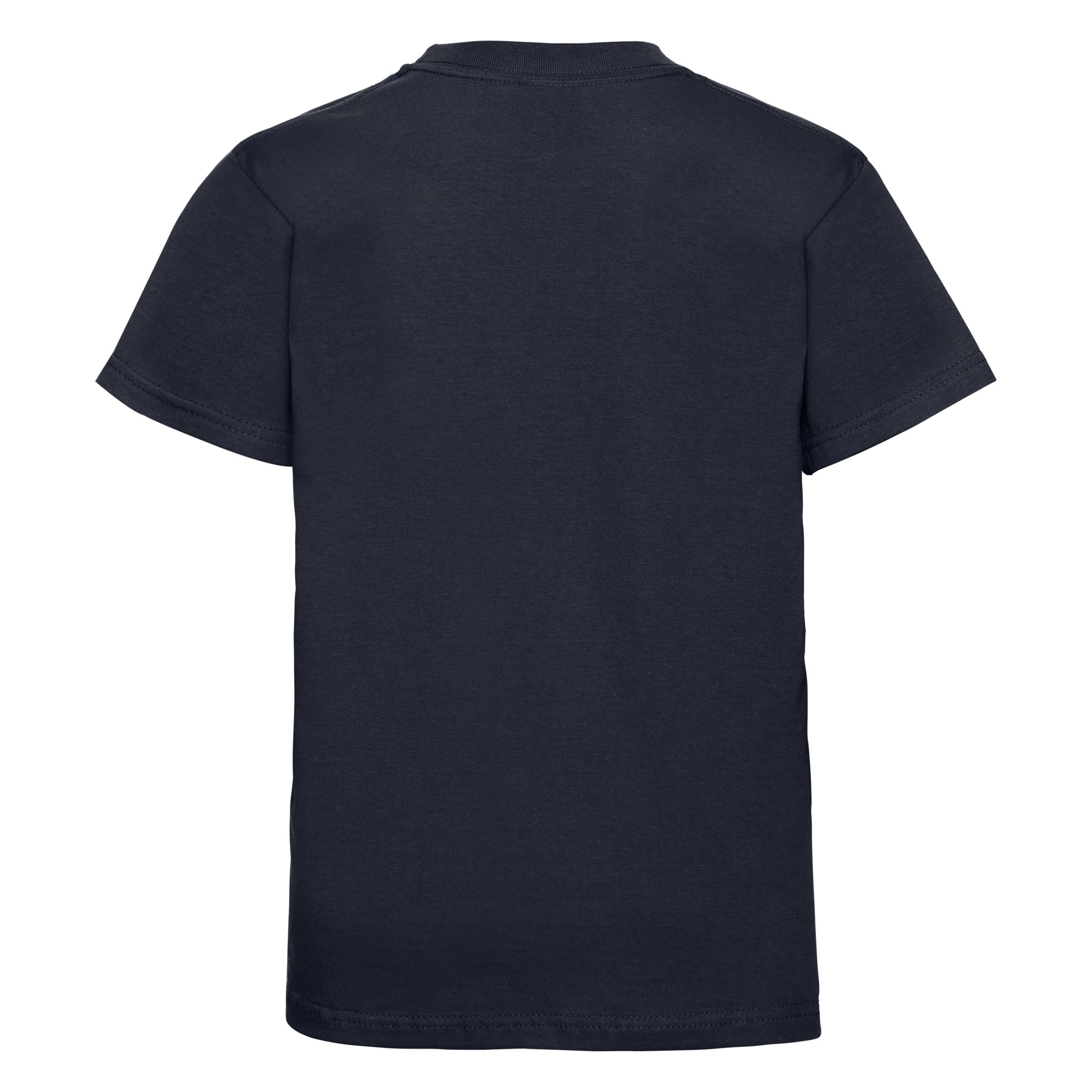 Rear view of a kids' plain french navy t-shirt.