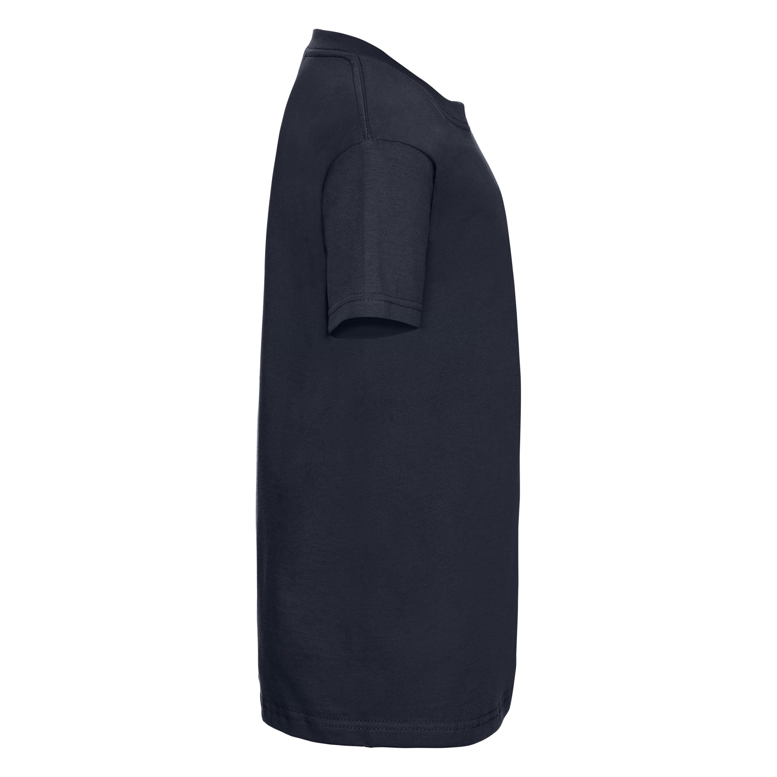 Side view of a kids' plain french navy t-shirt.