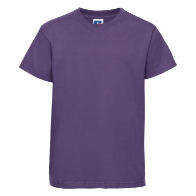 Frontal view of a kids' plain purple t-shirt