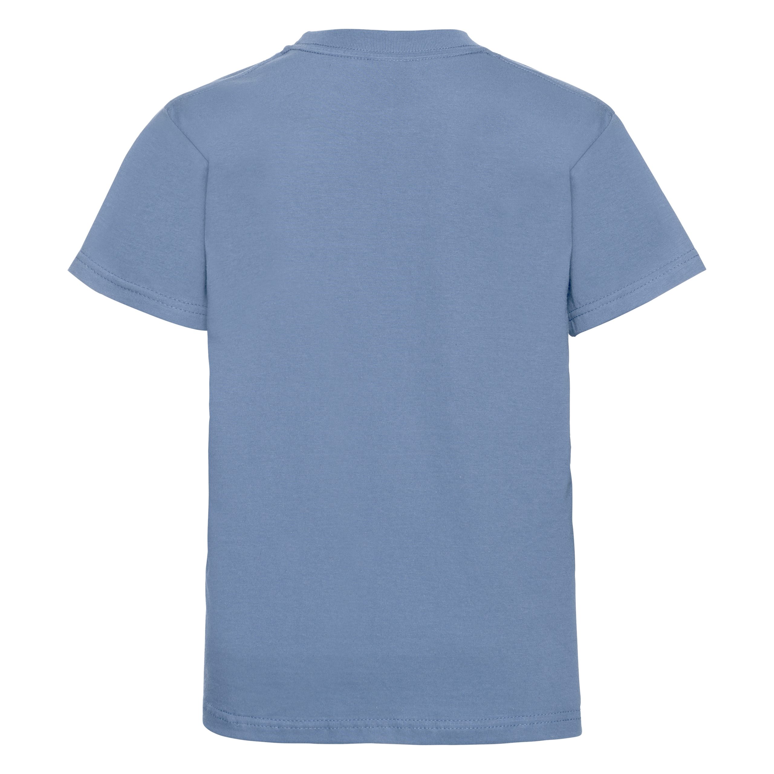Rear view of a kids' plain sky blue t-shirt.