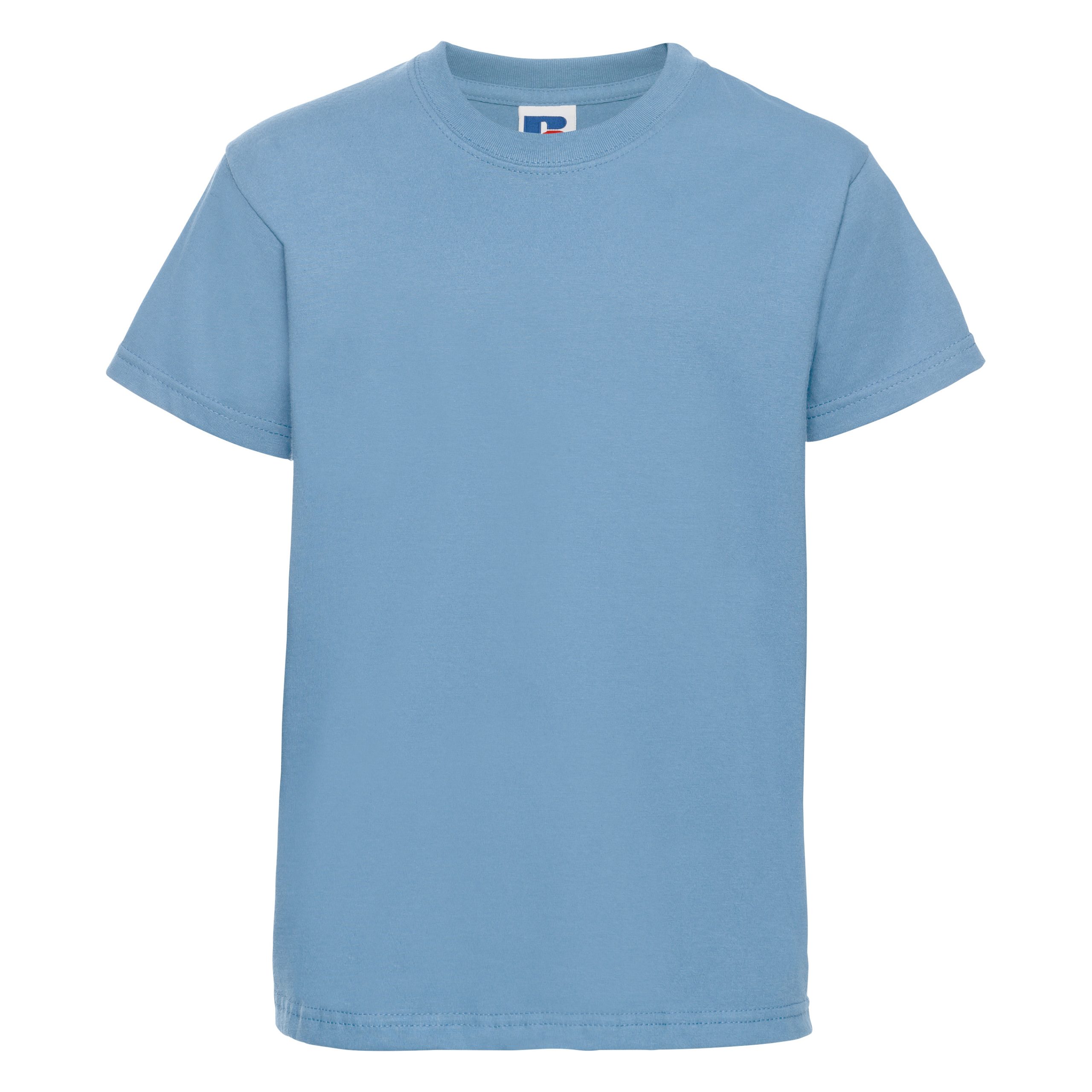 Frontal view of a akids' plain sky blue t-shirt.