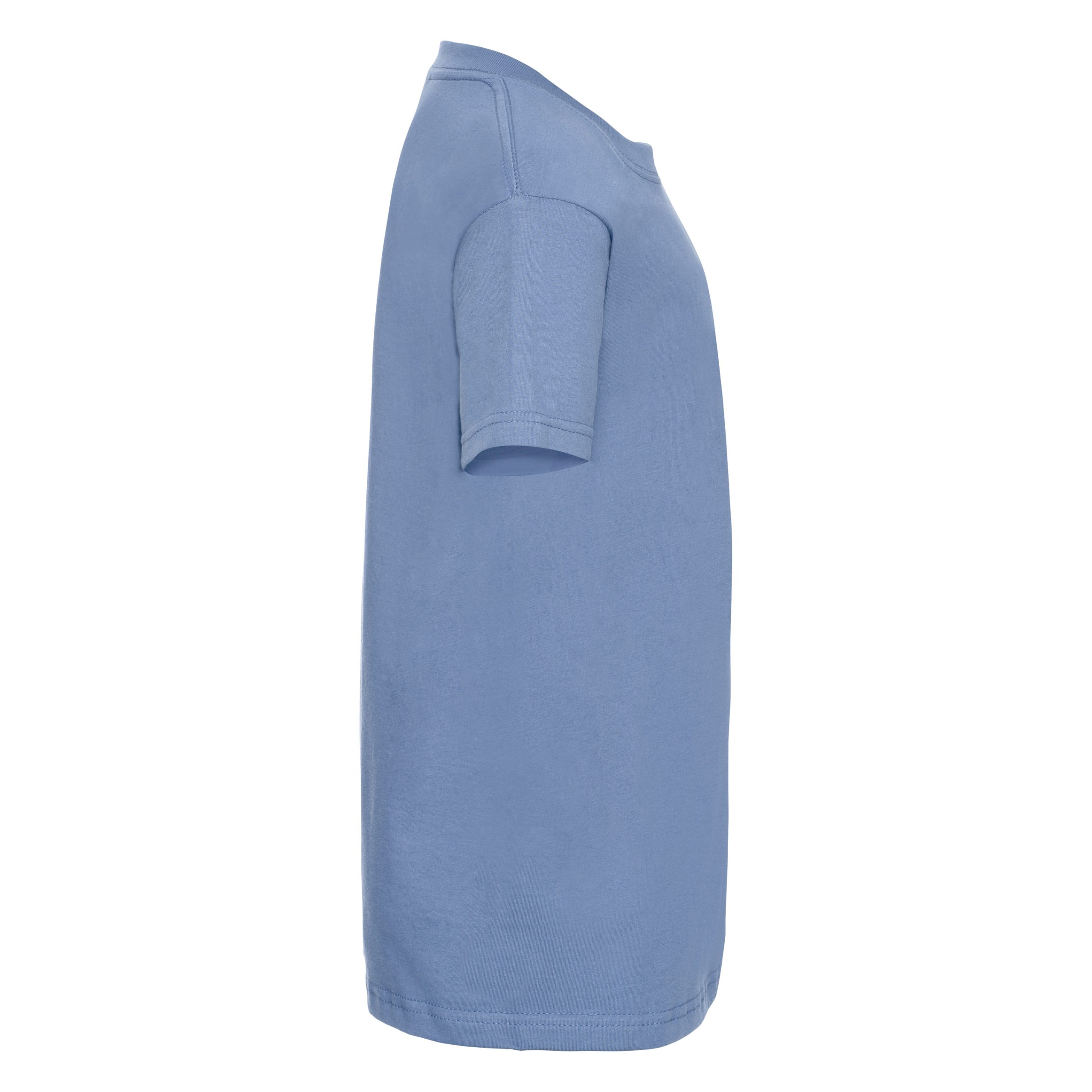 Side view of a kids' plain sky blue t-shirt.