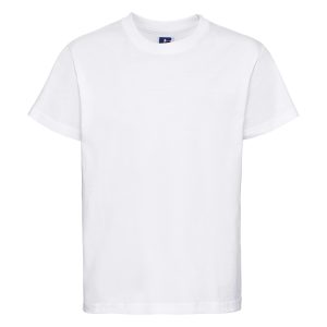 Frontal view of a kids' plain white t-shirt.