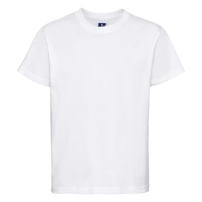 Frontal view of a kids' plain white t-shirt.