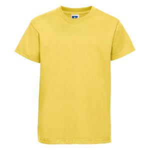 Frontal view of a kids' plain yellow t-shirt.