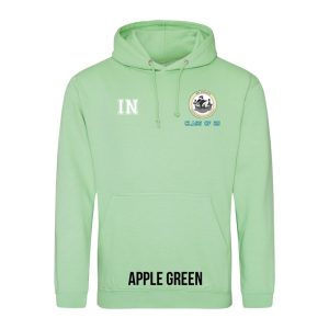 Frontal view of the COLOUR colour Rye College leavers' hoodie for 2025. Rye College's emblem is printed to the left breast with text below it: "CLASS OF 25". Example initials "IN" are printed to the right breast.