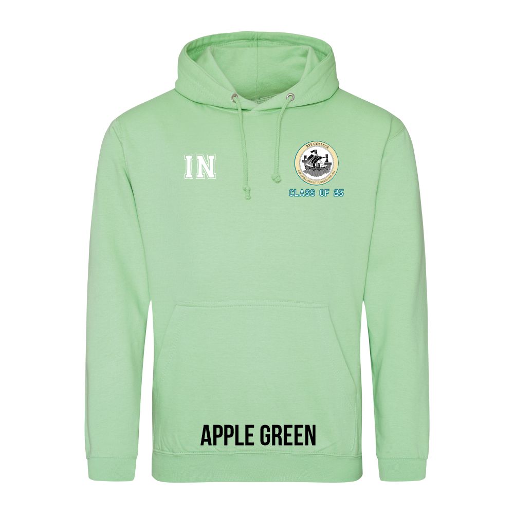 Frontal view of the COLOUR colour Rye College leavers' hoodie for 2025. Rye College's emblem is printed to the left breast with text below it: "CLASS OF 25". Example initials "IN" are printed to the right breast.