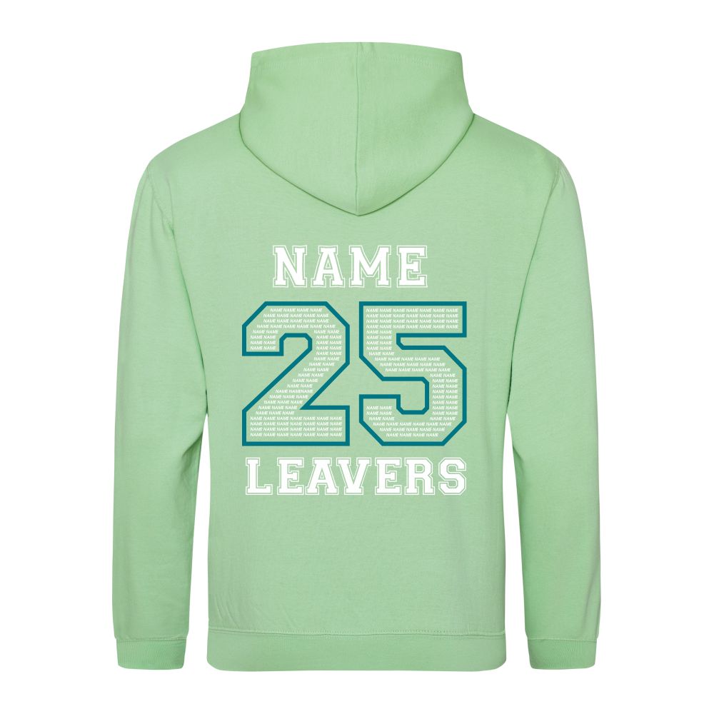Rear view of the COLOUR colour Rye College leavers' hoodie for 2025. The back is printed with "NAME 25 LEAVERS" split across three lines. the 25 is a large outline with the example text "NAME" repeated to fill it.