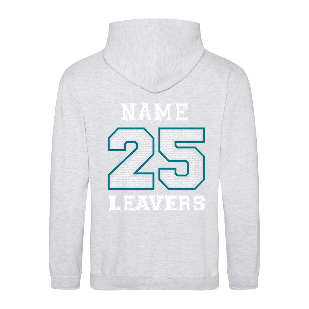 Rear view of the COLOUR colour Rye College leavers' hoodie for 2025. The back is printed with "NAME 25 LEAVERS" split across three lines. the 25 is a large outline with the example text "NAME" repeated to fill it.