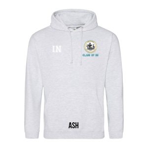 Frontal view of the COLOUR colour Rye College leavers' hoodie for 2025. Rye College's emblem is printed to the left breast with text below it: "CLASS OF 25". Example initials "IN" are printed to the right breast.