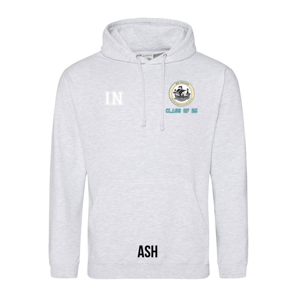 Frontal view of the COLOUR colour Rye College leavers' hoodie for 2025. Rye College's emblem is printed to the left breast with text below it: "CLASS OF 25". Example initials "IN" are printed to the right breast.