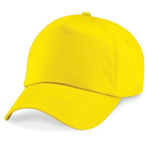Frontal view of a yellow summer cap.