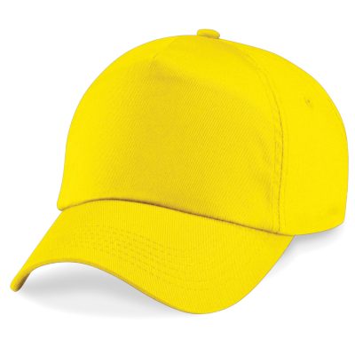 Frontal view of a yellow summer cap.