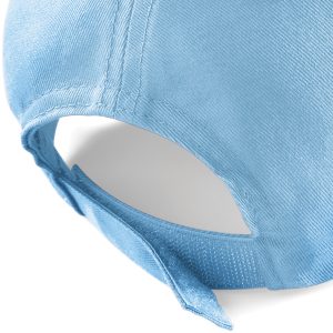 Close up view of the adjuster on the back of a sky blue cap.