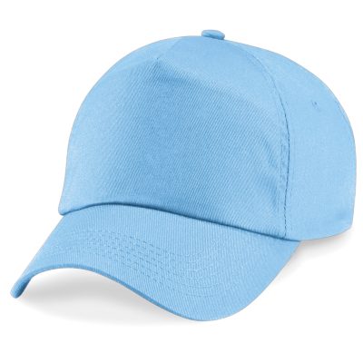 Frontal view of a sky blue summer cap.