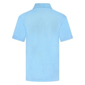 Rear view of a sky blue polo shirt.