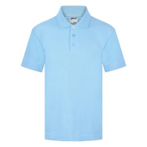 Frontal view of a plain sky blue polo shirt.