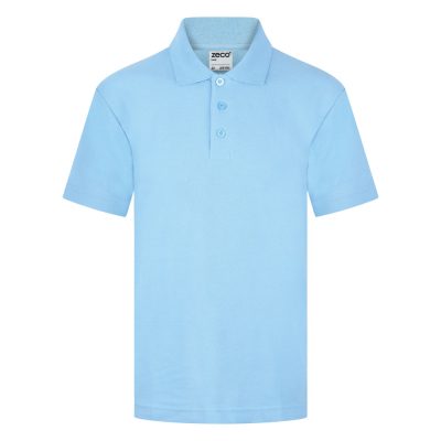 Frontal view of a plain sky blue polo shirt.