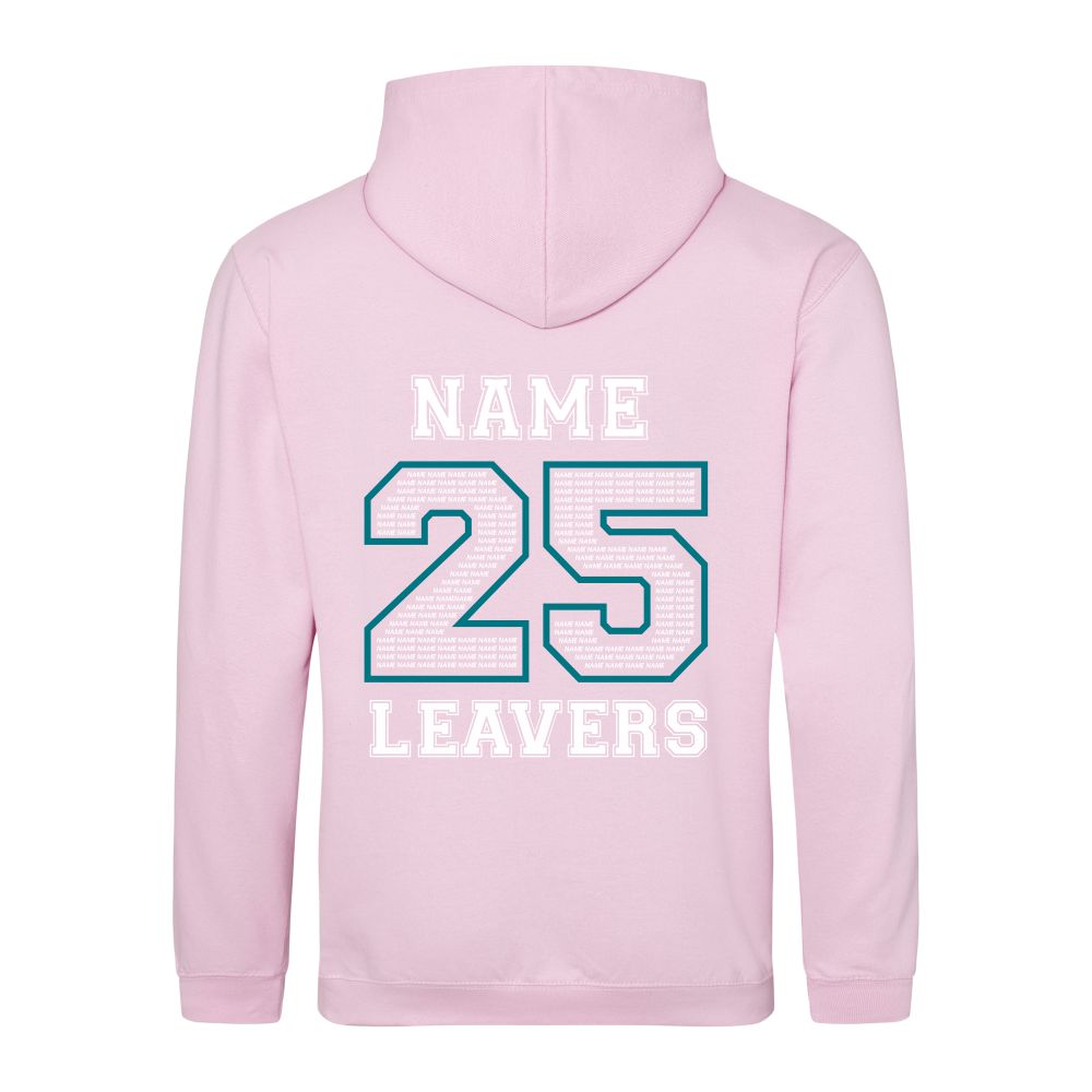 Rear view of the COLOUR colour Rye College leavers' hoodie for 2025. The back is printed with "NAME 25 LEAVERS" split across three lines. the 25 is a large outline with the example text "NAME" repeated to fill it.