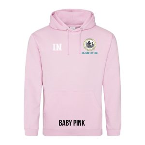Frontal view of the COLOUR colour Rye College leavers' hoodie for 2025. Rye College's emblem is printed to the left breast with text below it: "CLASS OF 25". Example initials "IN" are printed to the right breast.