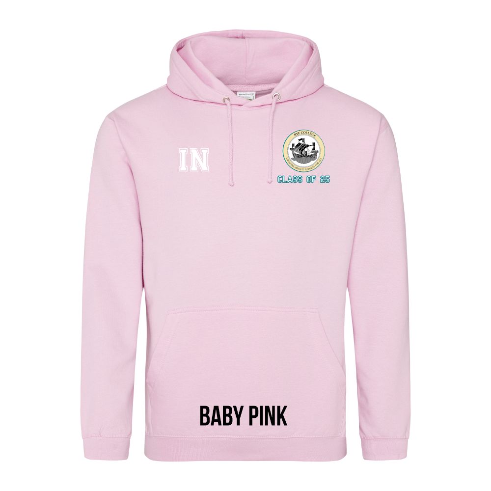 Frontal view of the COLOUR colour Rye College leavers' hoodie for 2025. Rye College's emblem is printed to the left breast with text below it: "CLASS OF 25". Example initials "IN" are printed to the right breast.