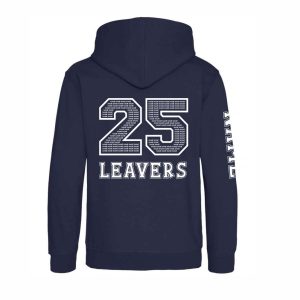 Rear view of the Beckley School leavers hoodie for 2025. the hoodie is new french navy with "25 LEAVERS" printed big to the back. The inside of the 25 is full of the repeated example text "NAME". The example text "NAME" is printed down the right sleeve.