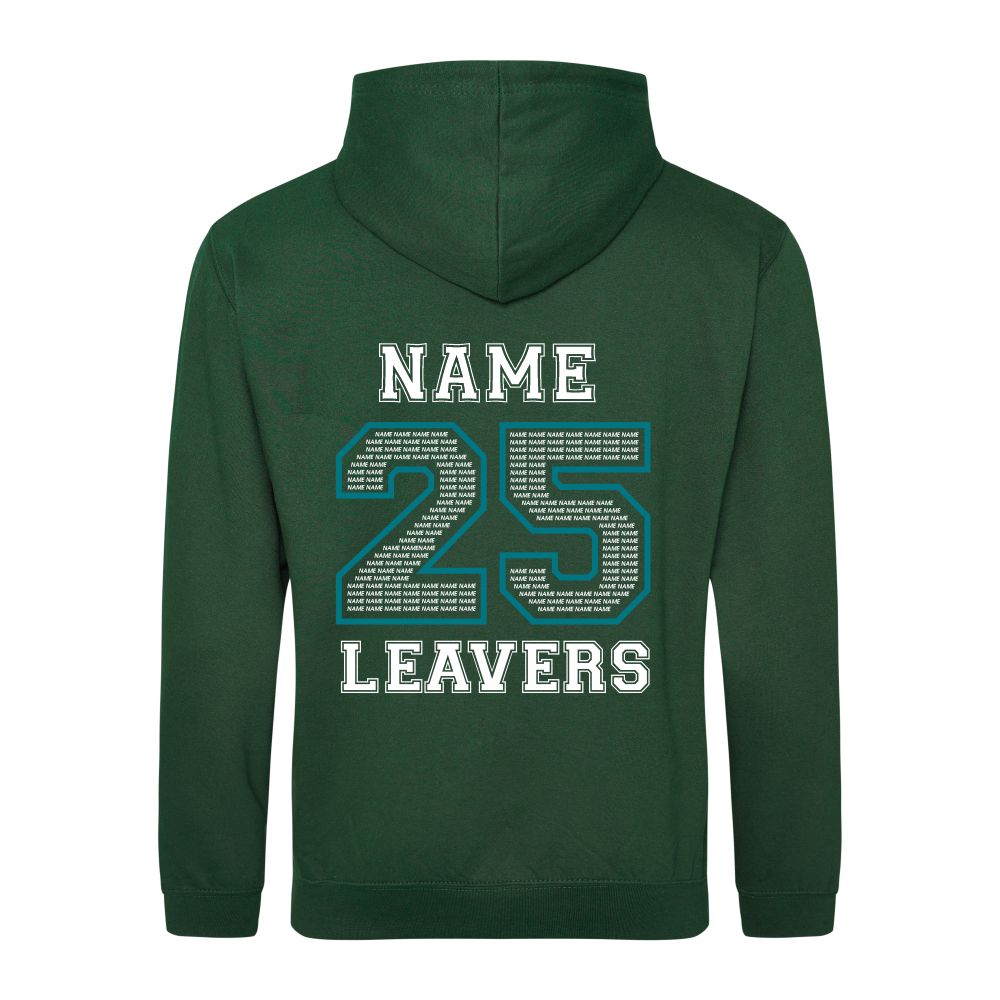 Rear view of the COLOUR colour Rye College leavers' hoodie for 2025. The back is printed with "NAME 25 LEAVERS" split across three lines. the 25 is a large outline with the example text "NAME" repeated to fill it.