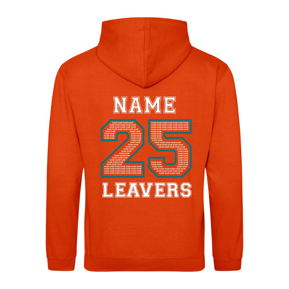 Rear view of the COLOUR colour Rye College leavers' hoodie for 2025. The back is printed with "NAME 25 LEAVERS" split across three lines. the 25 is a large outline with the example text "NAME" repeated to fill it.
