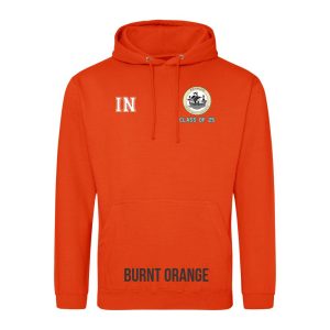 Frontal view of the COLOUR colour Rye College leavers' hoodie for 2025. Rye College's emblem is printed to the left breast with text below it: "CLASS OF 25". Example initials "IN" are printed to the right breast.