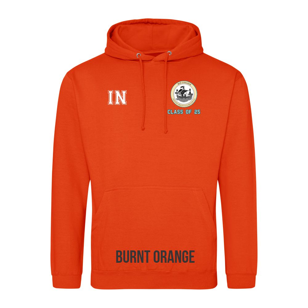 Frontal view of the COLOUR colour Rye College leavers' hoodie for 2025. Rye College's emblem is printed to the left breast with text below it: "CLASS OF 25". Example initials "IN" are printed to the right breast.