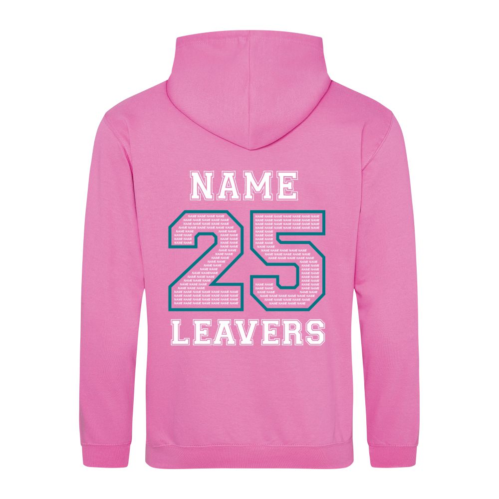 Rear view of the COLOUR colour Rye College leavers' hoodie for 2025. The back is printed with "NAME 25 LEAVERS" split across three lines. the 25 is a large outline with the example text "NAME" repeated to fill it.