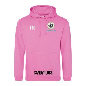Frontal view of the COLOUR colour Rye College leavers' hoodie for 2025. Rye College's emblem is printed to the left breast with text below it: "CLASS OF 25". Example initials "IN" are printed to the right breast.