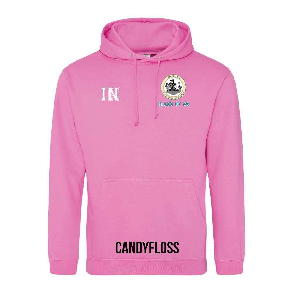Frontal view of the COLOUR colour Rye College leavers' hoodie for 2025. Rye College's emblem is printed to the left breast with text below it: "CLASS OF 25". Example initials "IN" are printed to the right breast.