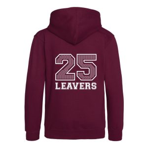 Rear view of the Churchwood Primary Academy bugundy leavers hoodie for 2025.