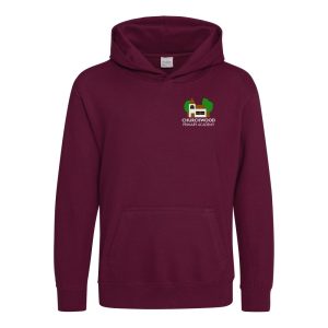 Frontal view of the Churchwood Primary Academy bugundy leavers hoodie for 2025.