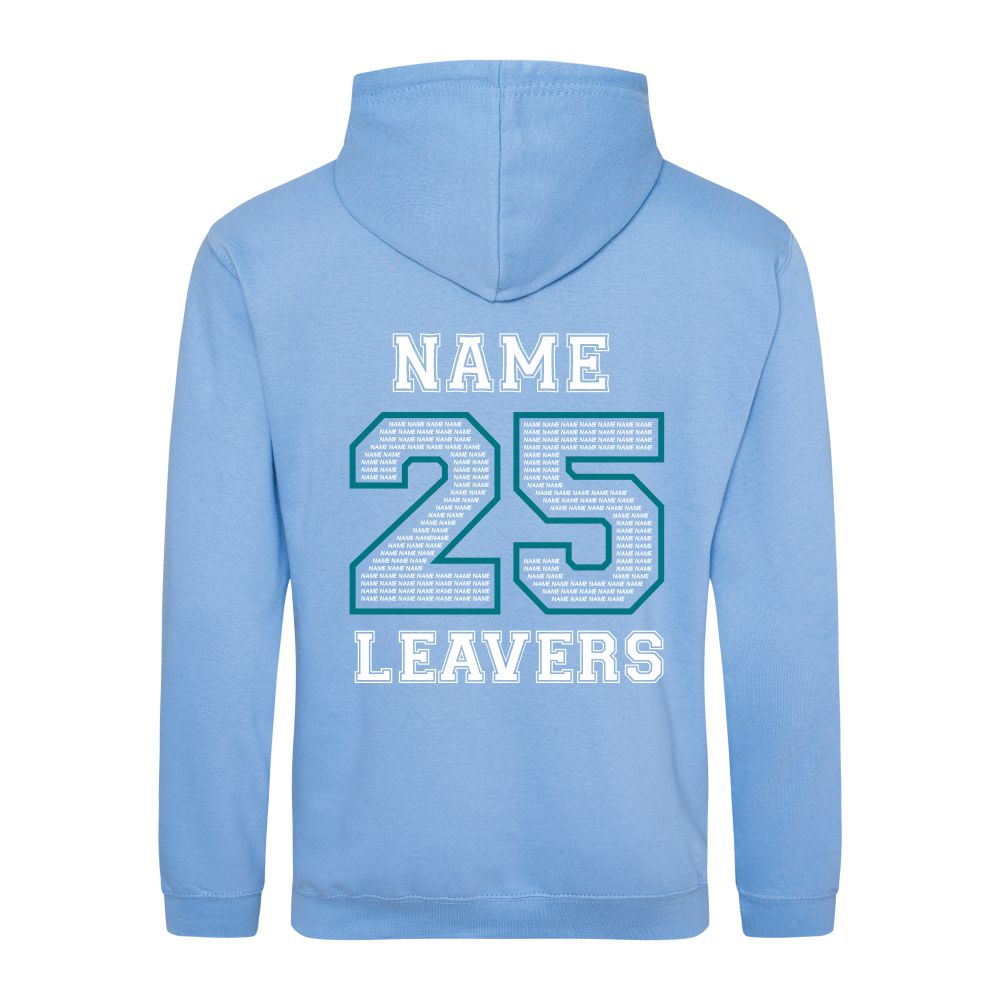 Rear view of the COLOUR colour Rye College leavers' hoodie for 2025. The back is printed with "NAME 25 LEAVERS" split across three lines. the 25 is a large outline with the example text "NAME" repeated to fill it.