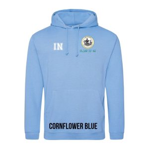 Frontal view of the COLOUR colour Rye College leavers' hoodie for 2025. Rye College's emblem is printed to the left breast with text below it: "CLASS OF 25". Example initials "IN" are printed to the right breast.