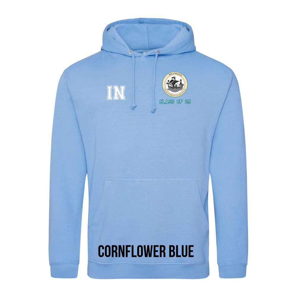 Frontal view of the COLOUR colour Rye College leavers' hoodie for 2025. Rye College's emblem is printed to the left breast with text below it: "CLASS OF 25". Example initials "IN" are printed to the right breast.