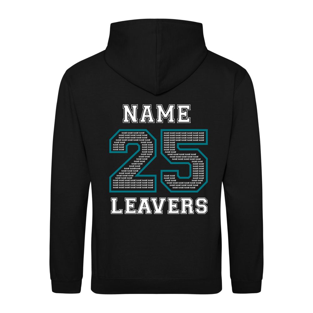 Rear view of the COLOUR colour Rye College leavers' hoodie for 2025. The back is printed with "NAME 25 LEAVERS" split across three lines. the 25 is a large outline with the example text "NAME" repeated to fill it.