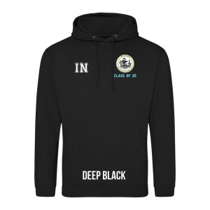 Frontal view of the COLOUR colour Rye College leavers' hoodie for 2025. Rye College's emblem is printed to the left breast with text below it: "CLASS OF 25". Example initials "IN" are printed to the right breast.