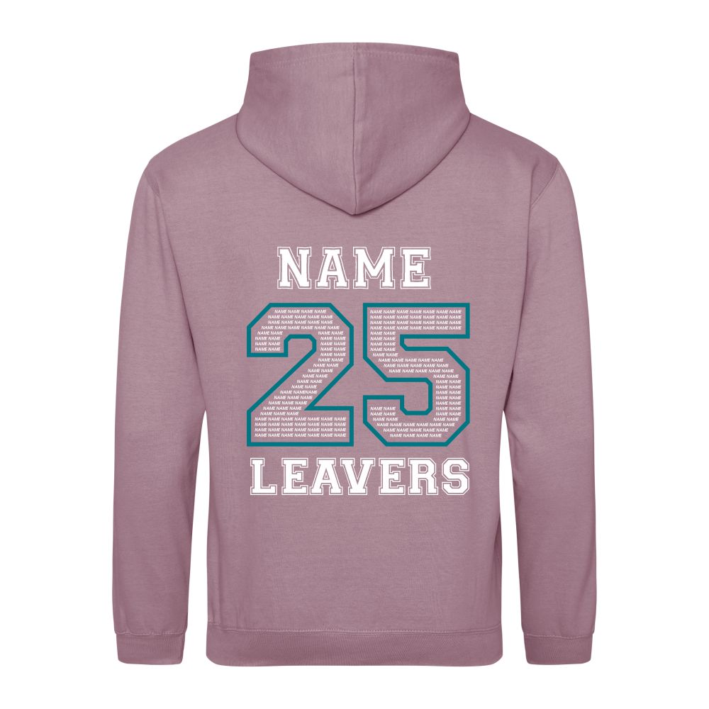 Rear view of the COLOUR colour Rye College leavers' hoodie for 2025. The back is printed with "NAME 25 LEAVERS" split across three lines. the 25 is a large outline with the example text "NAME" repeated to fill it.