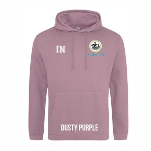 Frontal view of the COLOUR colour Rye College leavers' hoodie for 2025. Rye College's emblem is printed to the left breast with text below it: "CLASS OF 25". Example initials "IN" are printed to the right breast.