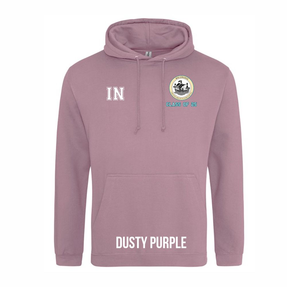 Frontal view of the COLOUR colour Rye College leavers' hoodie for 2025. Rye College's emblem is printed to the left breast with text below it: "CLASS OF 25". Example initials "IN" are printed to the right breast.