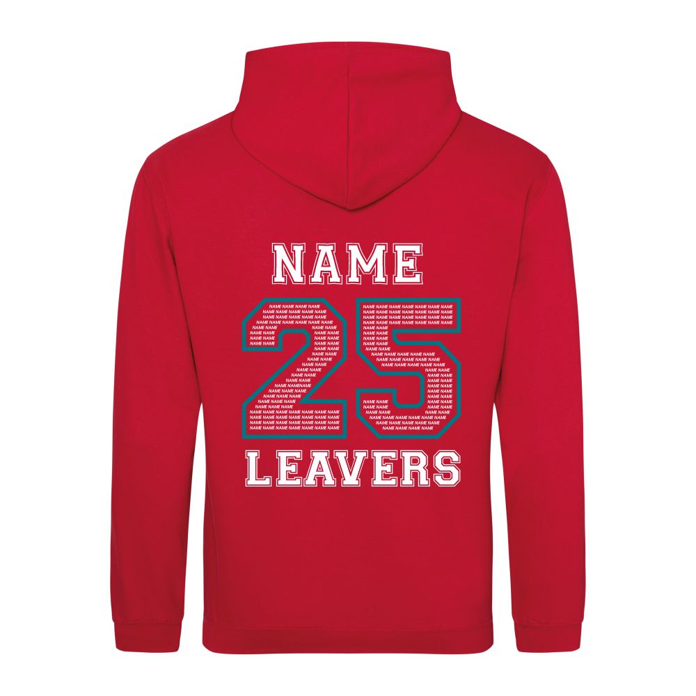 Rear view of the COLOUR colour Rye College leavers' hoodie for 2025. The back is printed with "NAME 25 LEAVERS" split across three lines. the 25 is a large outline with the example text "NAME" repeated to fill it.