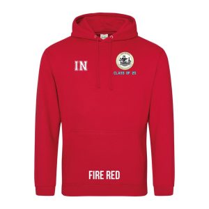 Frontal view of the COLOUR colour Rye College leavers' hoodie for 2025. Rye College's emblem is printed to the left breast with text below it: "CLASS OF 25". Example initials "IN" are printed to the right breast.
