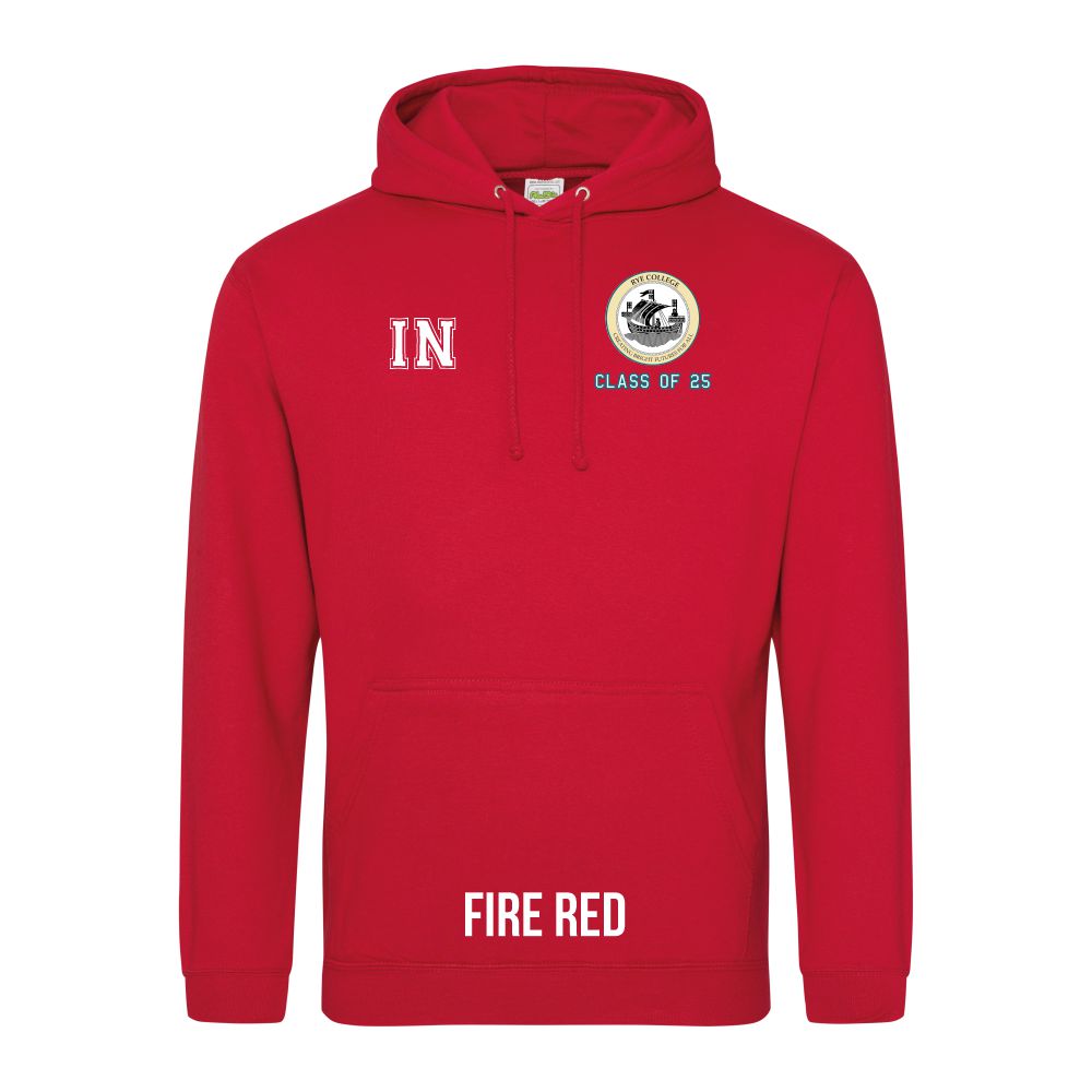 Frontal view of the COLOUR colour Rye College leavers' hoodie for 2025. Rye College's emblem is printed to the left breast with text below it: "CLASS OF 25". Example initials "IN" are printed to the right breast.