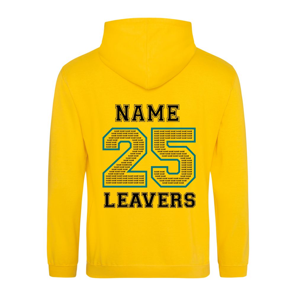 Rear view of the COLOUR colour Rye College leavers' hoodie for 2025. The back is printed with "NAME 25 LEAVERS" split across three lines. the 25 is a large outline with the example text "NAME" repeated to fill it.