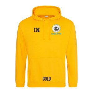 Frontal view of the COLOUR colour Rye College leavers' hoodie for 2025. Rye College's emblem is printed to the left breast with text below it: "CLASS OF 25". Example initials "IN" are printed to the right breast.