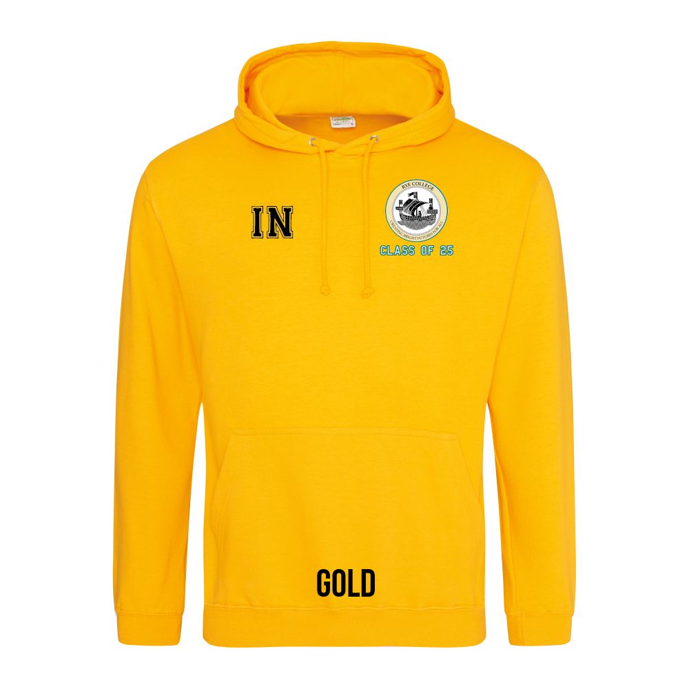 Frontal view of the COLOUR colour Rye College leavers' hoodie for 2025. Rye College's emblem is printed to the left breast with text below it: "CLASS OF 25". Example initials "IN" are printed to the right breast.