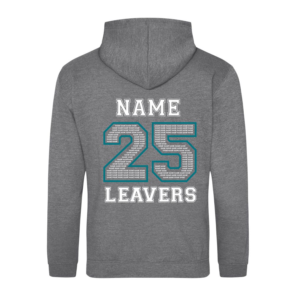 Rear view of the COLOUR colour Rye College leavers' hoodie for 2025. The back is printed with "NAME 25 LEAVERS" split across three lines. the 25 is a large outline with the example text "NAME" repeated to fill it.